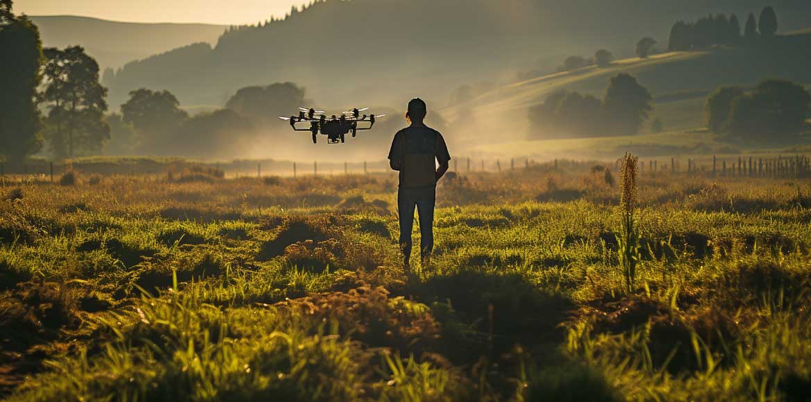 Drone operator surveying open land for planning and monitoring