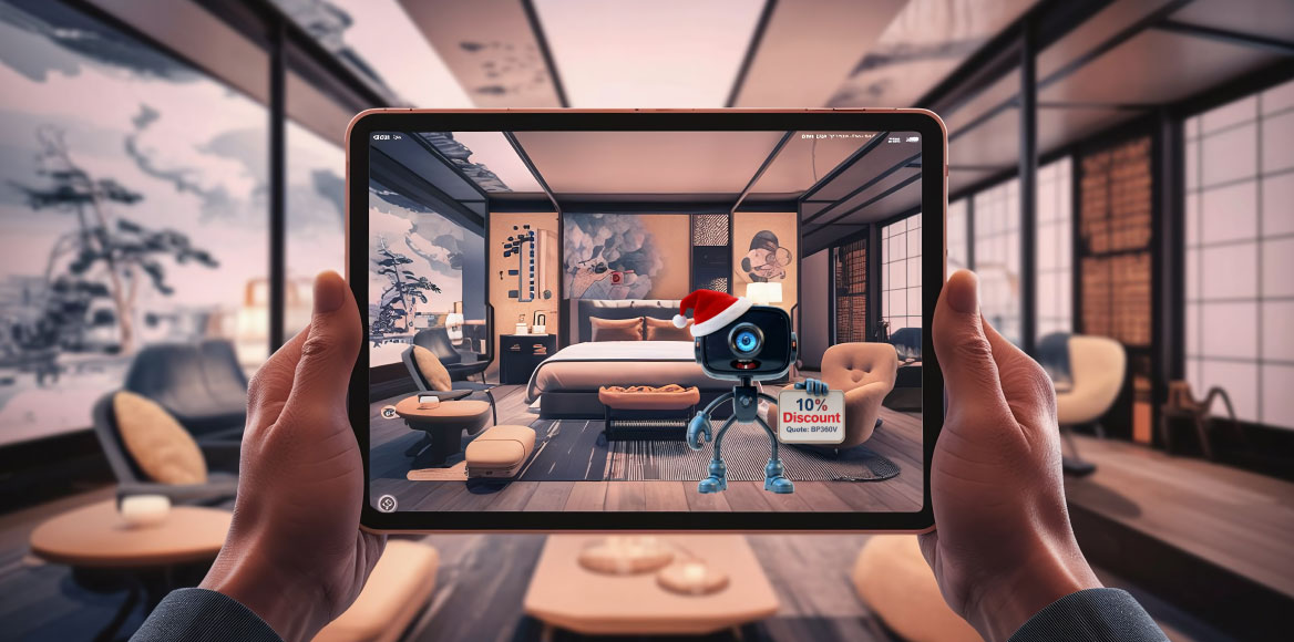 Guest exploring 360° resort suite tour on tablet