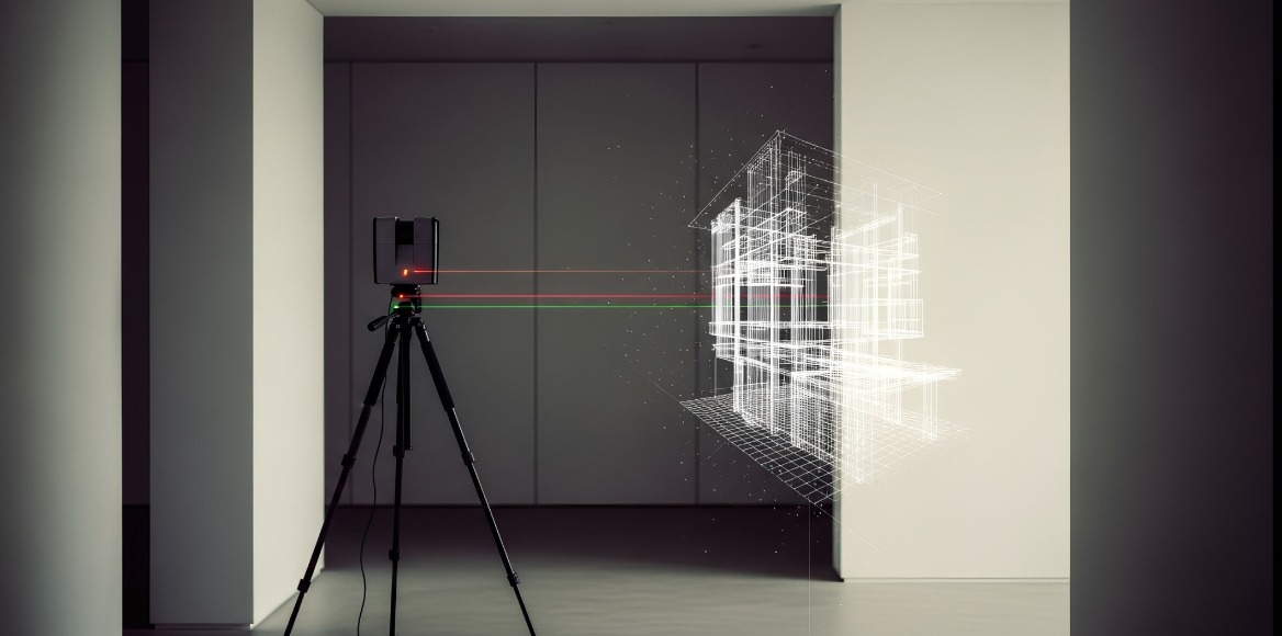 Laser scanner capturing accurate building measurements prior to 3D visualisation and virtual tour creation.