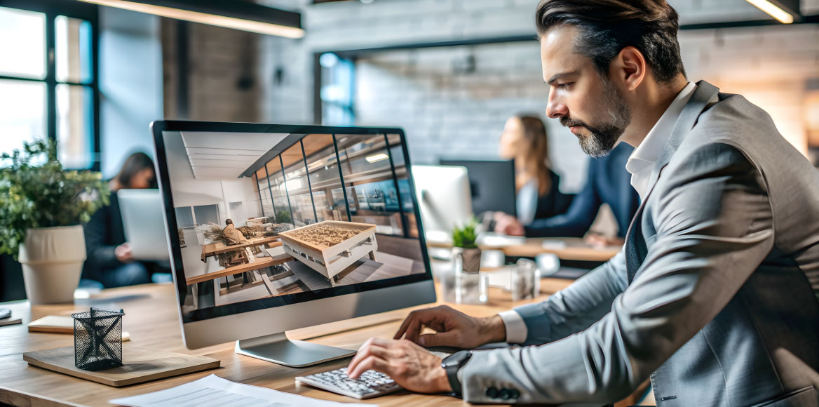 Professional viewing a 360 degree virtual tour of a commercial property on a laptop for marketing purposes.