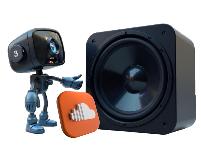 Blue the animated 3D camera character standing in front of a large speaker, with a floating SoundCloud icon.