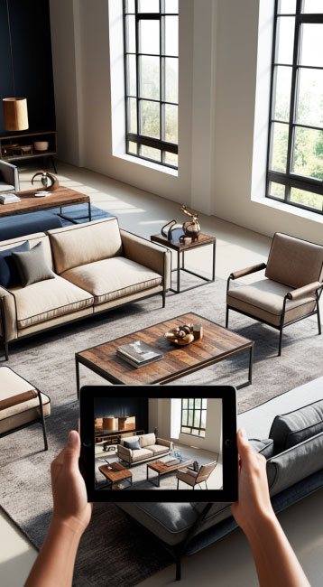 User navigating a 3D virtual office tour on a tablet