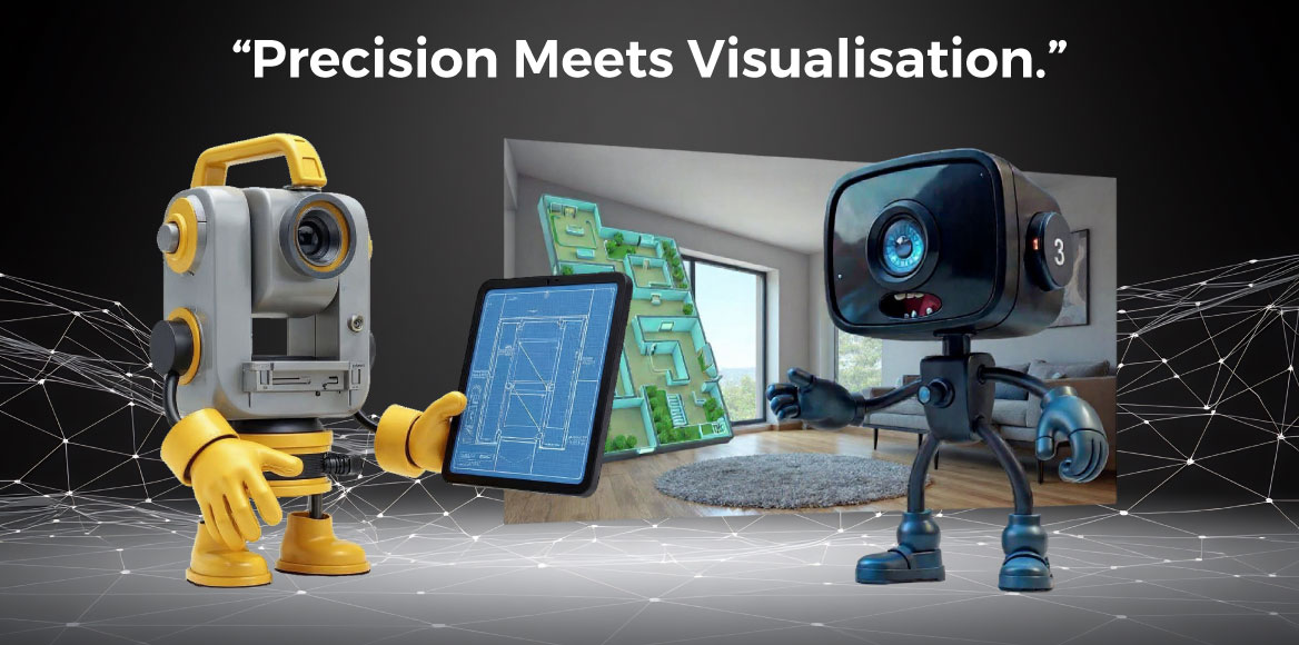 Theo the surveying mascot and Blue the 3D camera mascot representing Blueprint Surveys and Blueprint360View working together to deliver complete surveying and visualisation solutions.