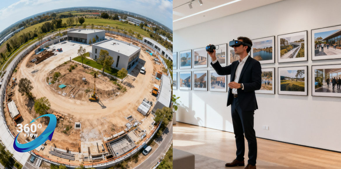 A user immersed in a 360° virtual tour beside someone viewing a static photo gallery, highlighting engagement differences.