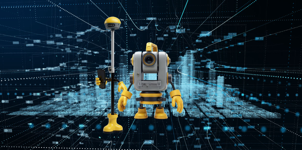 Theo the surveying mascot reviewing 3D laser scan data with digital site models representing modern surveying innovation in 2025.