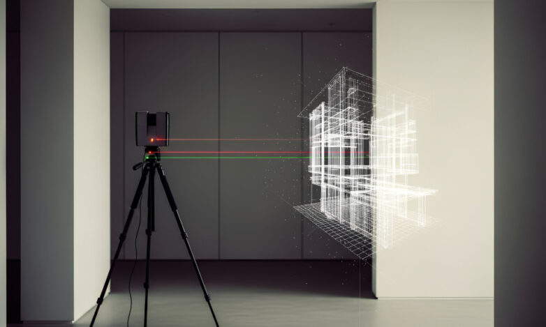 Accurate Surveys Before Visualisation Laser scanner capturing accurate building measurements prior to 3D visualisation and virtual tour creation.