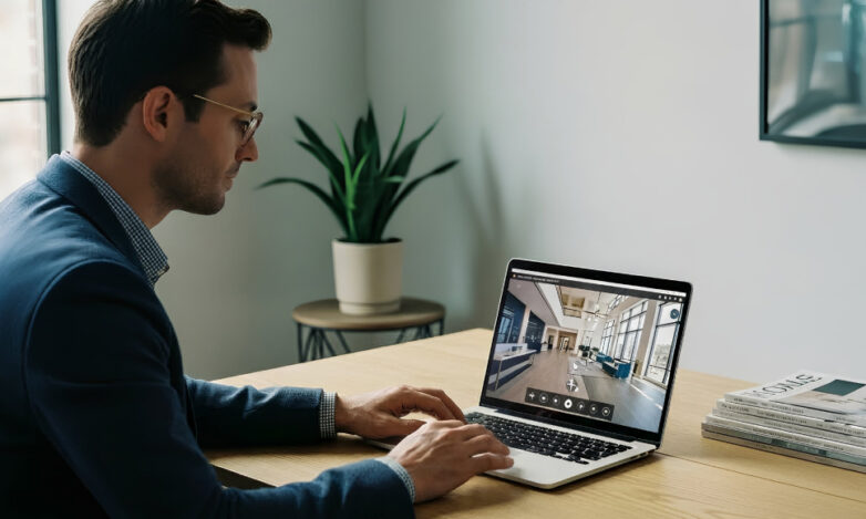 360 Virtual Tours Reduce Site Visits Professional reviewing a 360 degree virtual tour on a laptop instead of attending a physical site visit.