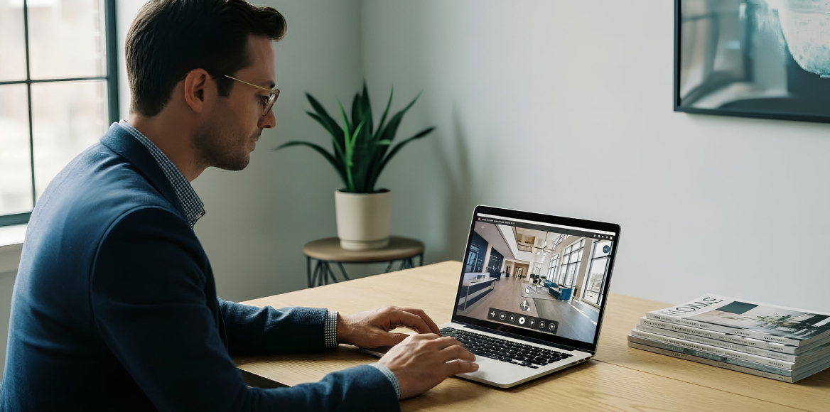 Professional reviewing a 360 degree virtual tour on a laptop instead of attending a physical site visit.
