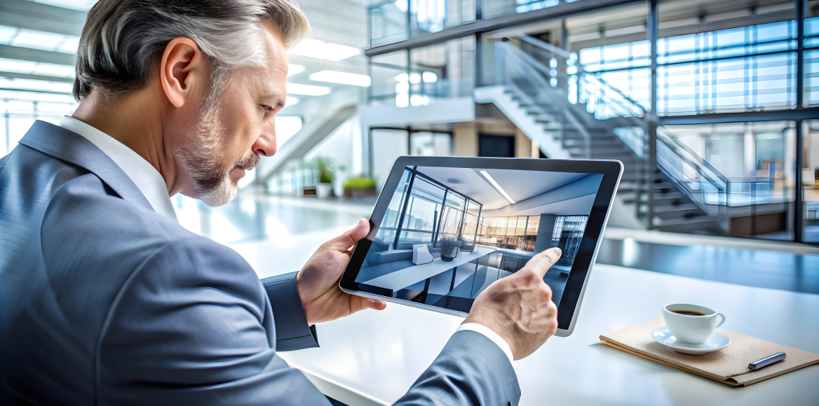 User reviewing a 360 degree virtual tour of a building on a laptop instead of attending a physical site visit.