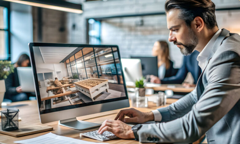 Virtual Tours for Commercial Property Professional viewing a 360 degree virtual tour of a commercial property on a laptop for marketing purposes.