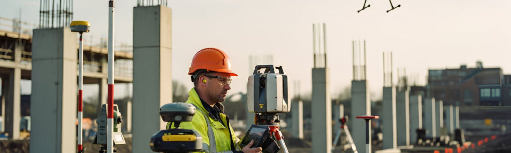Laser scanning and drone survey technology capturing accurate site data for modern construction projects.