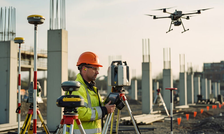 Modern Survey Technology for Construction Laser scanning and drone survey technology capturing accurate site data for modern construction projects.
