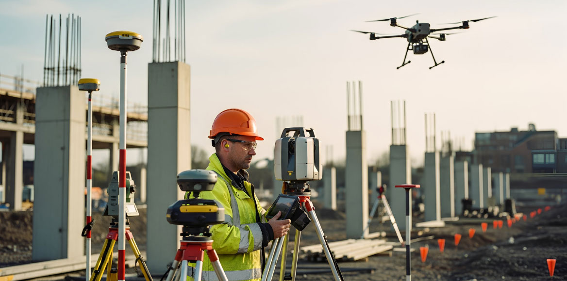 Laser scanning and drone survey technology capturing accurate site data for modern construction projects.